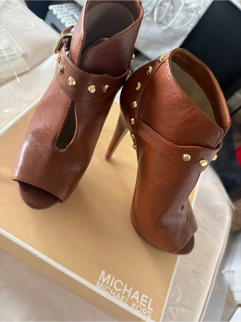 MICHAEL Michael Kors Brown Leather Peep-Toe Studded Stiletto Booties